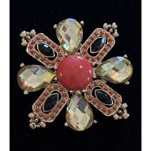 Vintage MCM brooch pin coral colored yellow black accents gold tone elegant fall